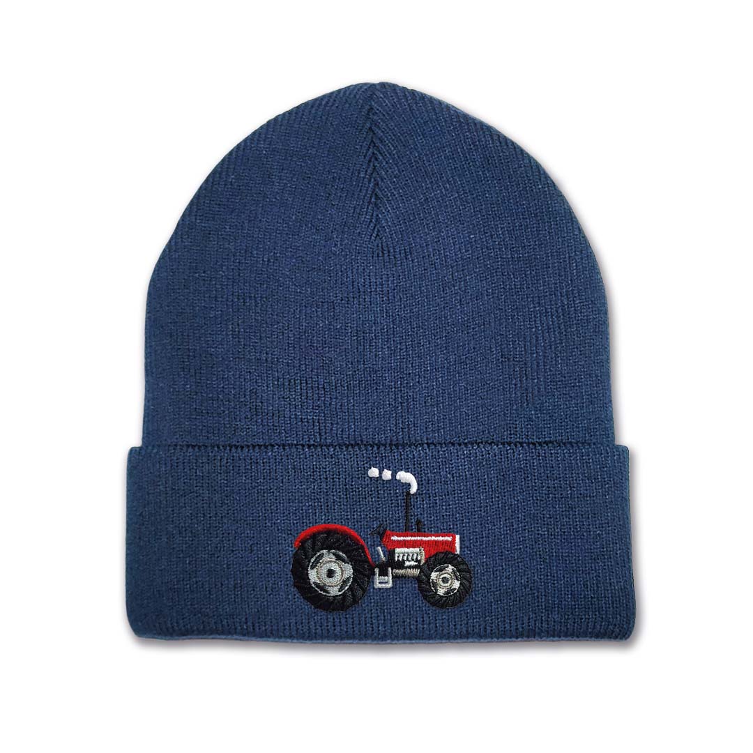 Kids Vintage Tractor Beanie Hat - Red Embroidery
